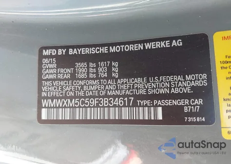 2015 Mini Hardtop Cooper z USA, uszkodzony, nr VIN WMWXM5C59F3B34617